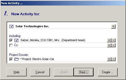The wizard 'New Activity ...' enables to select all persons, organisations and projects which are related to the new activity.