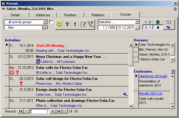 The OPAL window 'Person Details' enables to edit all details of the selected person or organisation, including all addresses, numbers and relations. The page 'Dossier' shows the complete dossier with all activities and documents of the selected person or organisation.